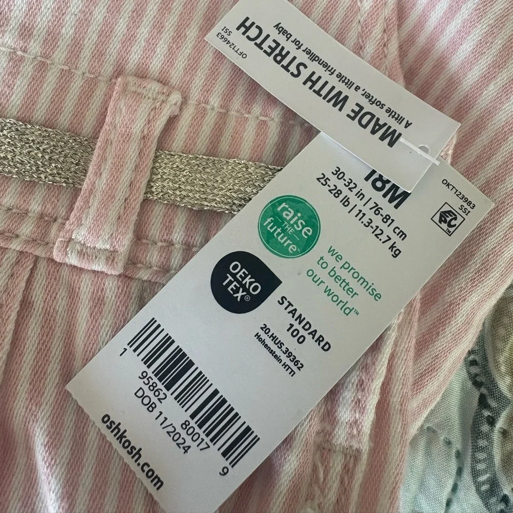 NWT OshKosh B'gosh Pink & White Striped Girls' Overalls with Gold Belt Size 18M
